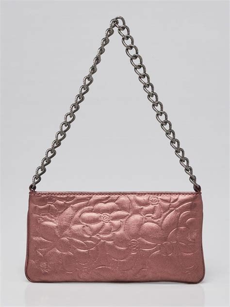 Pink Metallic Camellia Embossed Leather Mini Pochette Bag